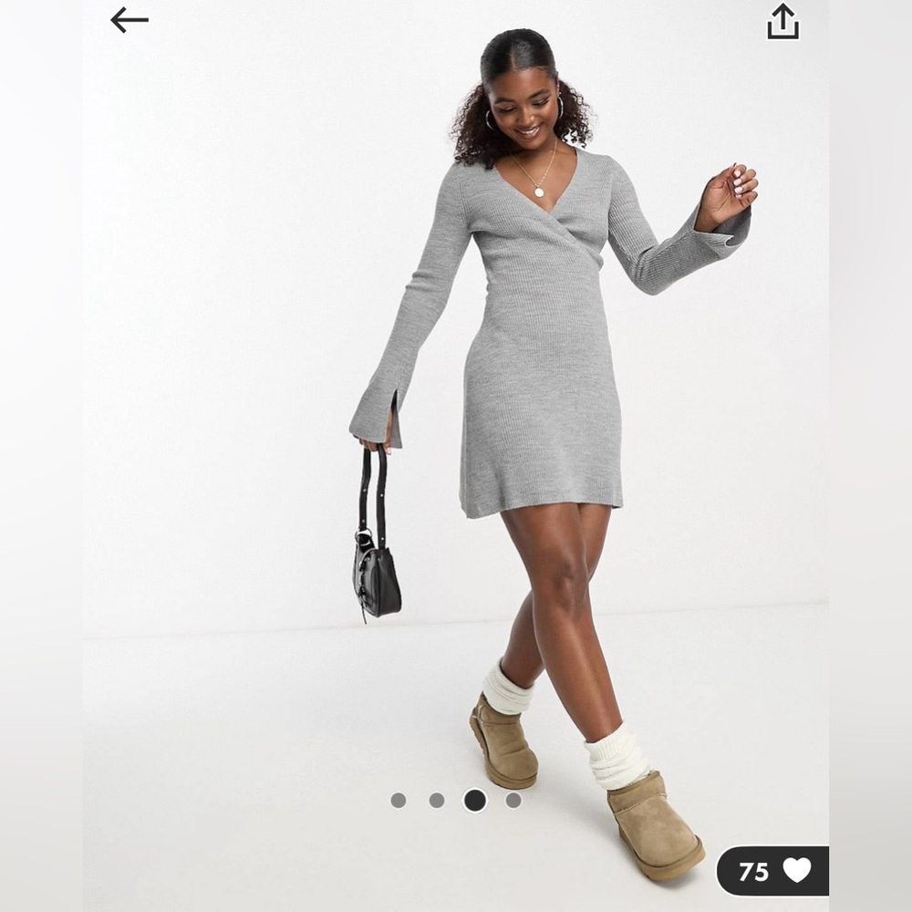 ASOS DESIGN knit wrap fit and flare mini dress in heather gray - US 4 BRAND New
